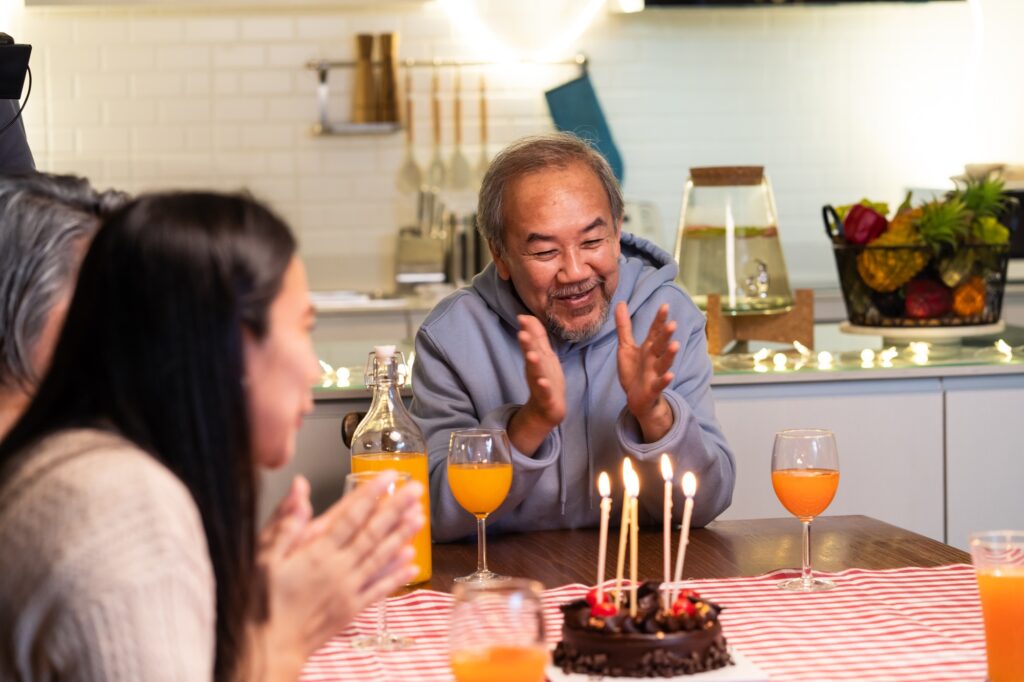 Happy family time and relationship, Asian big family having christmas party eating food together